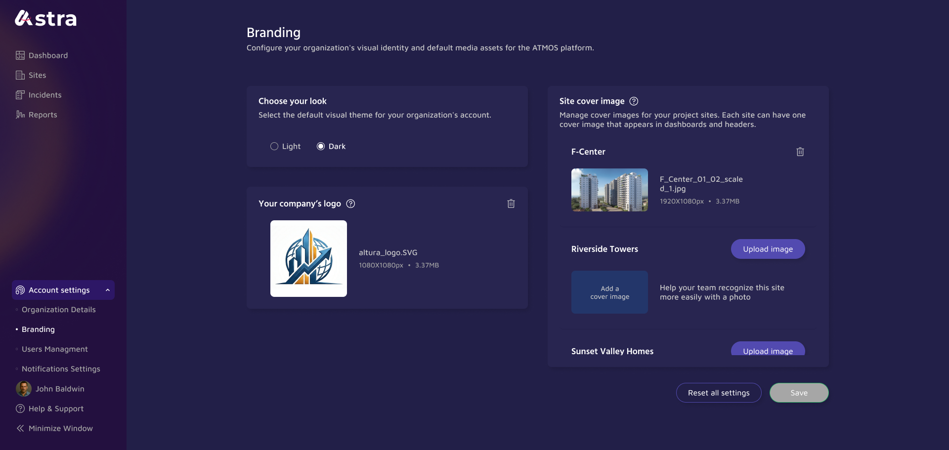 Branding settings screen in Astra