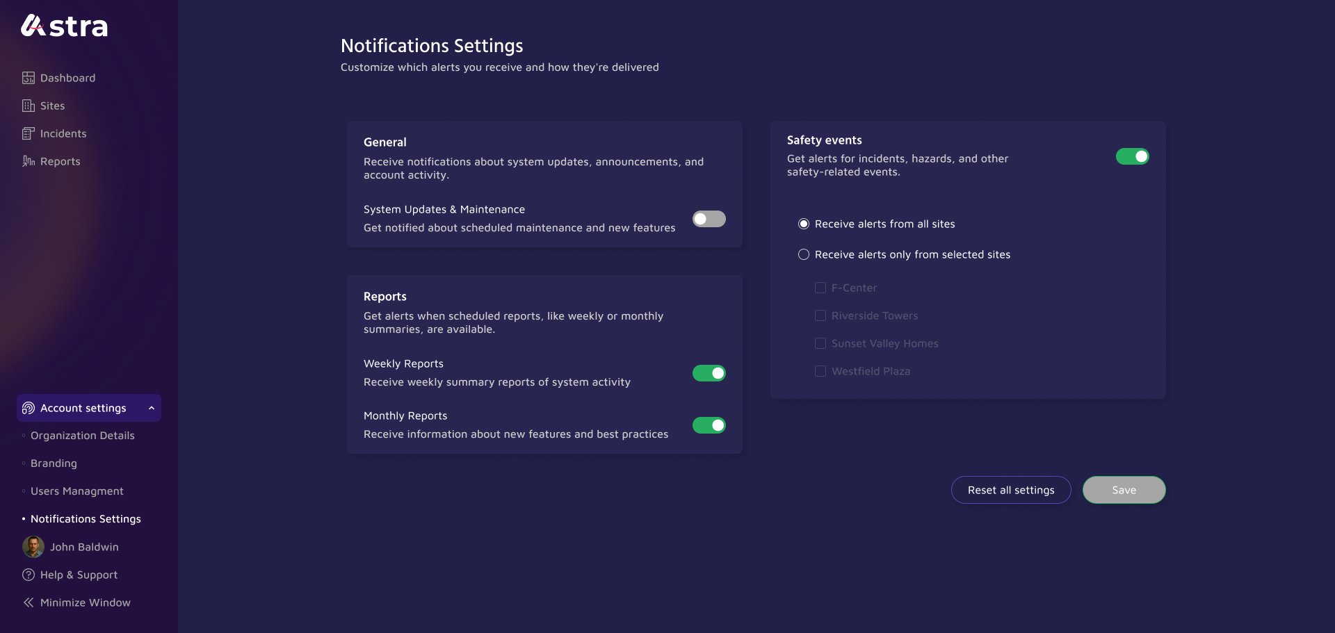Notifications settings screen in Astra