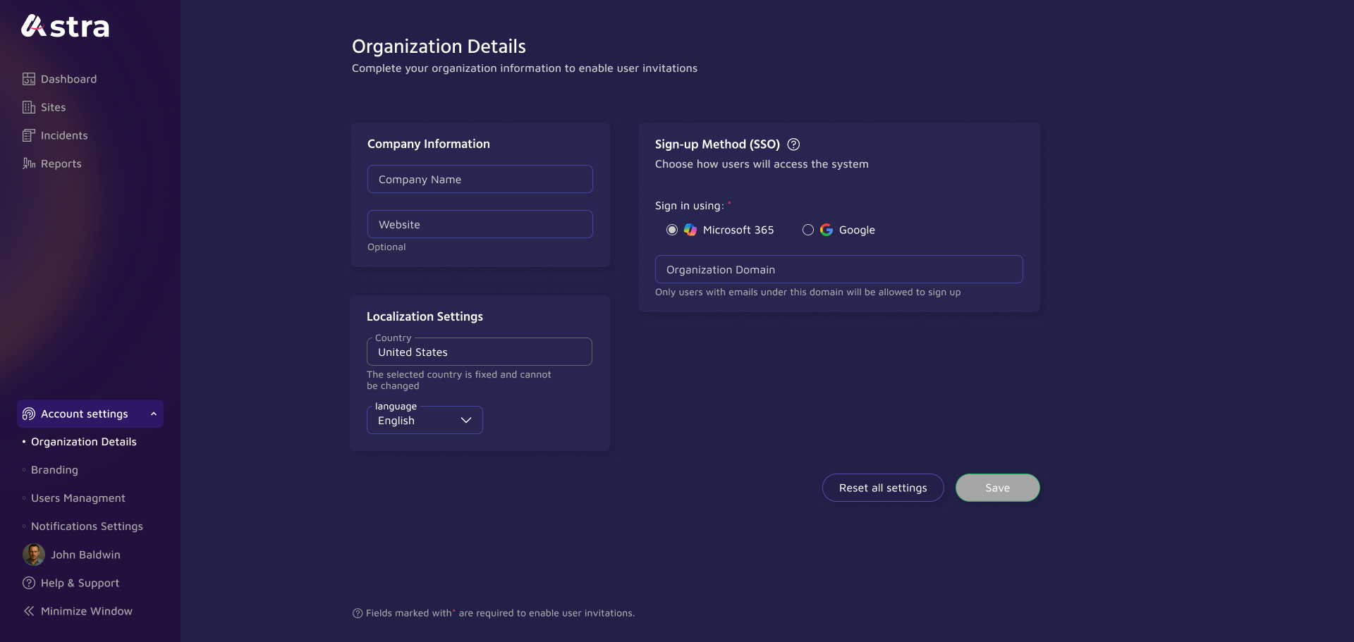 Organization details settings screen in Astra